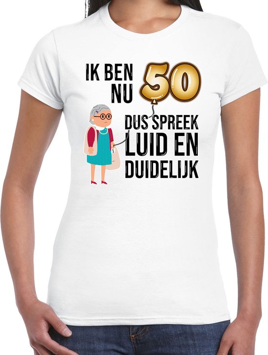 T-shirt cadeau Bellatio Decorations pour femme - 50 ans - blanc - fort et clair - Sarah - fête d'anniversaire XL