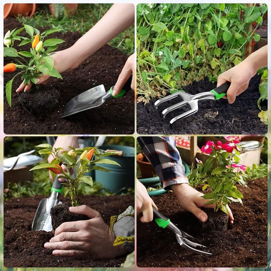 Ensemble d'outils de jardin Candala, outil de jardin, 7 pièces, en acier inoxydable, outil à main de jardin avec sécateur de jardin, râteau de jardin, trois pelles à planter, désherbeur, sac à main, cadeau de jardin pour le jardinage