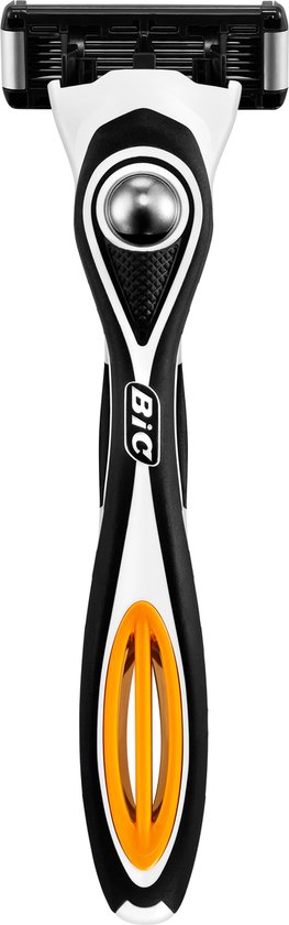 Rasoir avec manche noir, blanc et orange. Logo Bic visible.