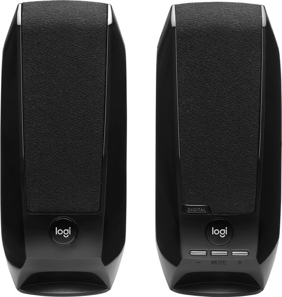 Paar zwarte Logitech speakers, de rechter met "DIGITAL" logo en bedieningsknoppen.