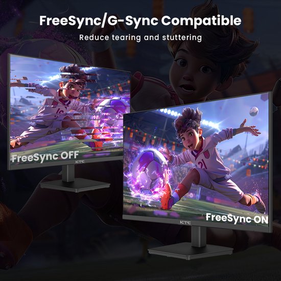 Twee KTC-monitors die een voetbalgame tonen, één met 'FreeSync OFF' en glitches, de andere met 'FreeSync ON'.
