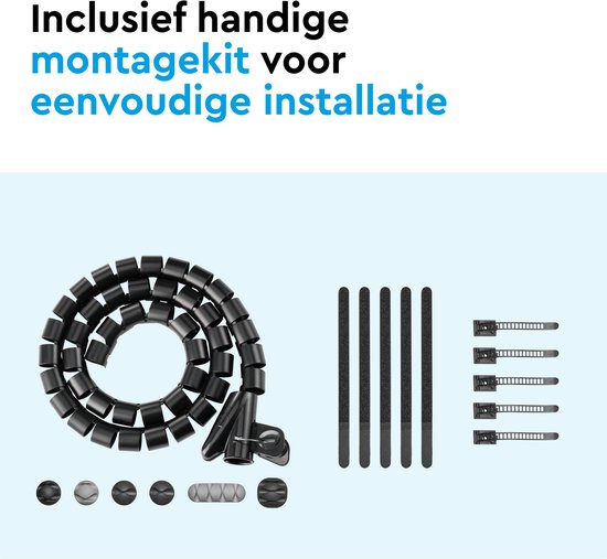 Montageset voor kabelgoot: zwarte kabelspiralen, klittenbanden en kabelbinders.