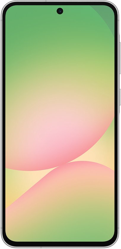 Voorkant van een zilverkleurige Samsung Galaxy A56 5G met een abstracte achtergrond op het scherm.