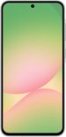Voorkant van een zilverkleurige Samsung Galaxy A56 5G met een abstracte achtergrond op het scherm.
