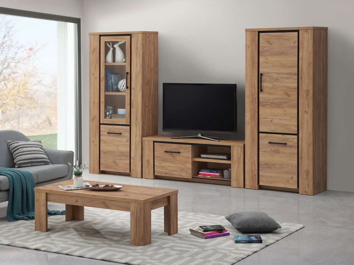 BELFURN TV-wand Elio 315cm bestaande uit Tv-meubel met 1 x kolom glasdeur en 1 kolom volle deur bruin