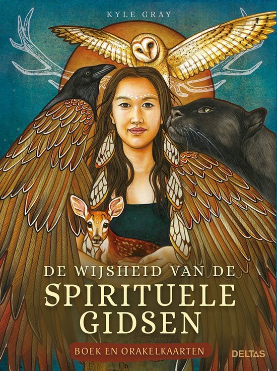 Cover van een boek met een jonge vrouw met dieren zoals een raaf, panter, uil en hertje. Titel: De wijsheid van de spirituele gidsen.