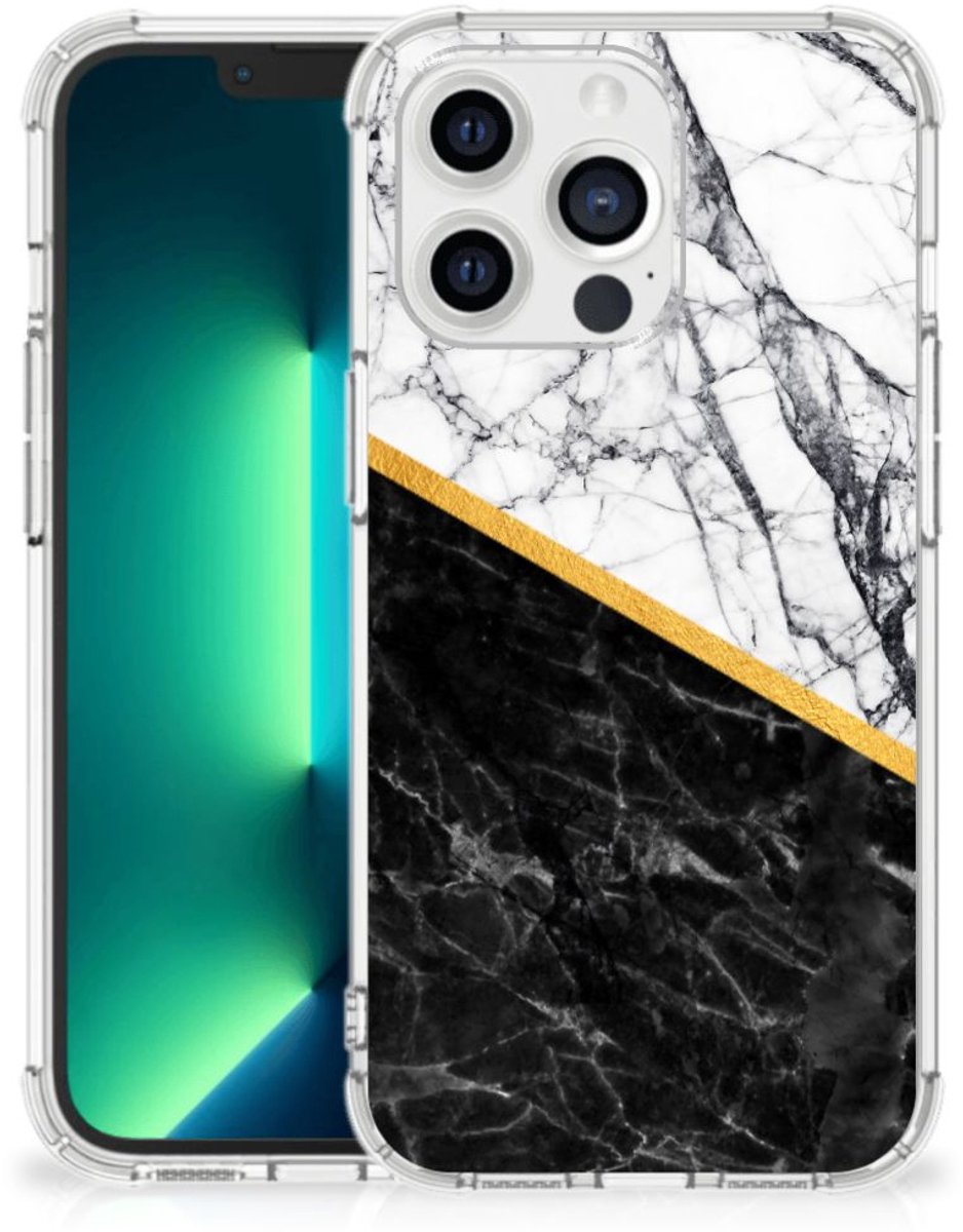 iPhone 13 Pro Max Anti-Shock Hoesje Marmer Wit Zwart - Origineel Cadeau Man