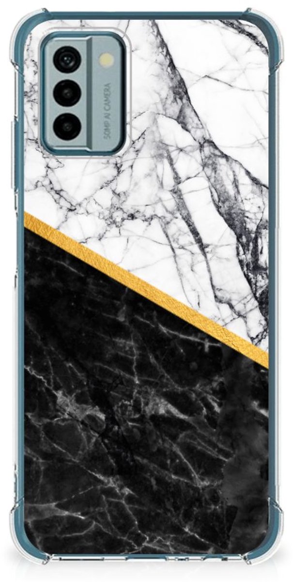 Nokia G22 Anti-Shock Hoesje Marmer Wit Zwart - Origineel Cadeau Man