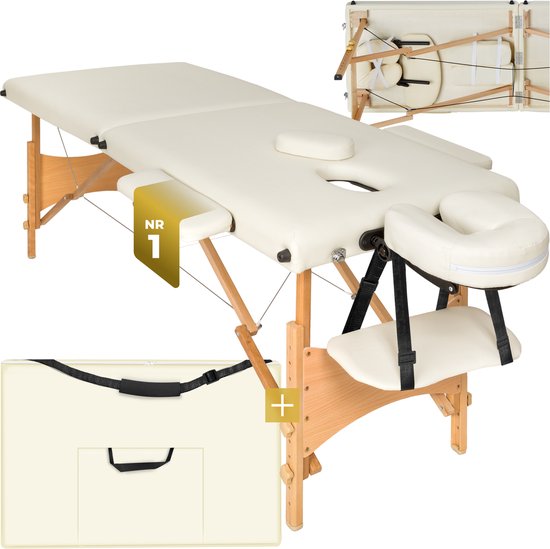 tectake® Massagetafel - 2 Zones, Opvouwbare en Draagbare Massagetafel met 5 cm Vulling, In Hoogte Verstelbaar, Mobiele Massagebank met Houten poten en Accessoires, Draagtas - Beige