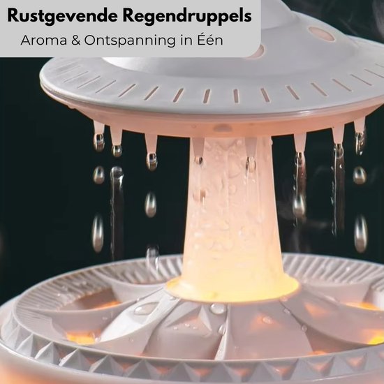 Close-up van een grijze UFO-aroma diffuser met druppelende regenimitatie en oranje licht.