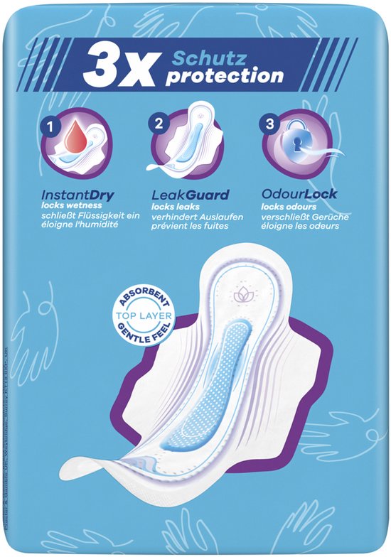 Een Always maandverband met 3x bescherming: InstantDry, LeakGuard, OdourLock. Zacht top laag.