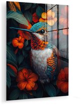 MuchoWow® Glasschilderij 120x160 cm - Schilderij acrylglas - Kolibrie - Vogel - Kleurrijk - Oranje bloemen - Foto op glas - Muurdecoratie woonkamer - Wanddecoratie slaapkamer - Schilderijen