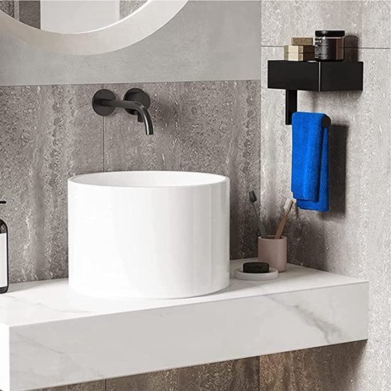 Knaak Set de porte-rouleau de papier toilette + 4 crochets porte-serviettes autocollants - Acier inoxydable - Zwart - Plateau de rangement