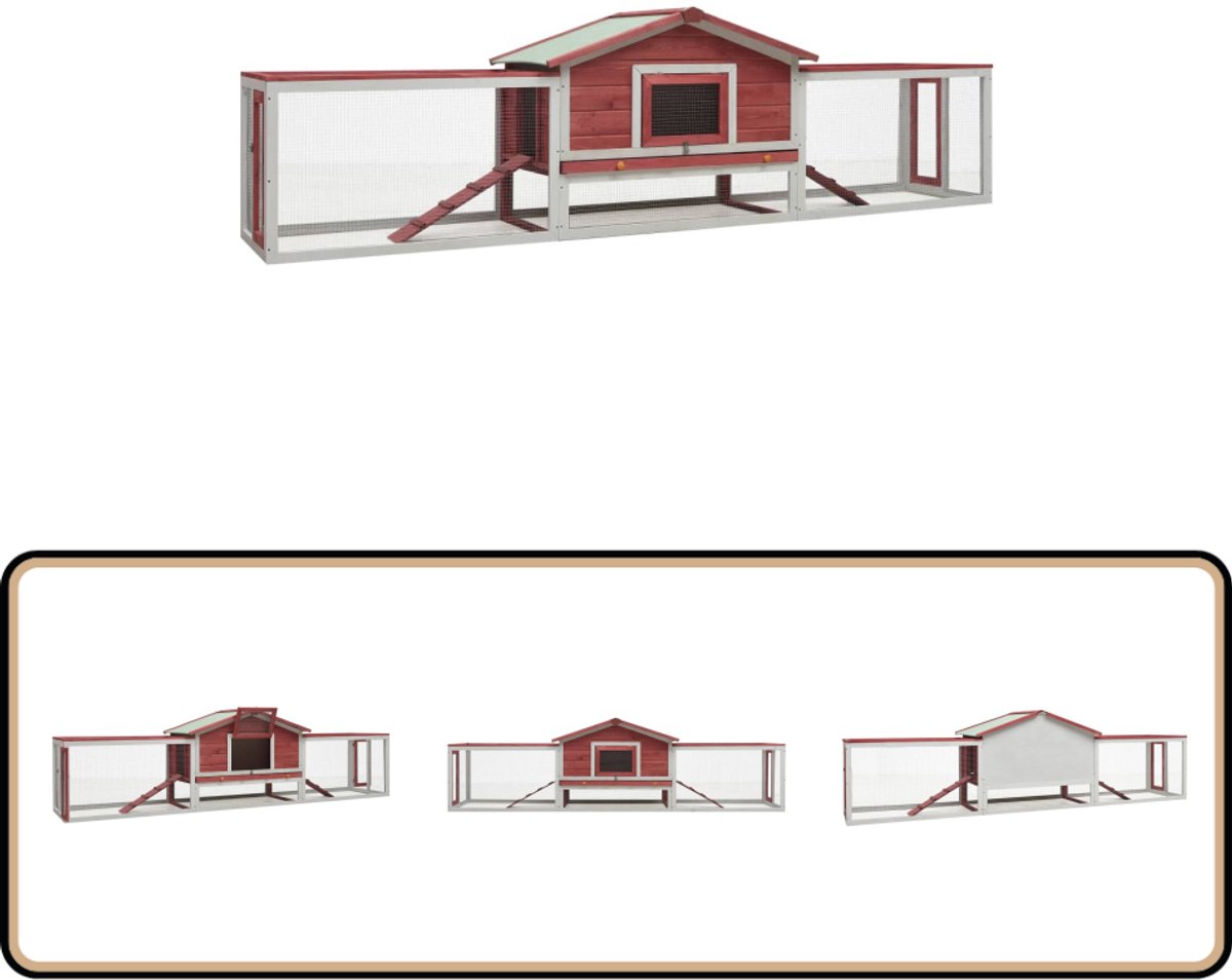 vidaXL Konijnenhok – 310x70x87 cm – Rood en Wit Konijnenhok – Konijnenverblijf – Knaagdier Verblijf – Buitennest – Houthok