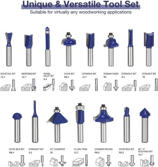 AKYLIN Freesset, 15-delig, bovenfreesset, frees voor bovenfrees, 8 mm schacht, houtfrees met 3-delige lagers, bovenfrees accessoires, wolfraamcarbide hardmetalen frees voor houtbewerking AKYLIN Freesset, 15-delig, bovenfreesset, frees voor bovenfrees, 8 mm schacht, houtfrees met 3-delige lagers, bovenfrees accessoires, wolfraamcarbide hardmetalen frees voor houtbewerking