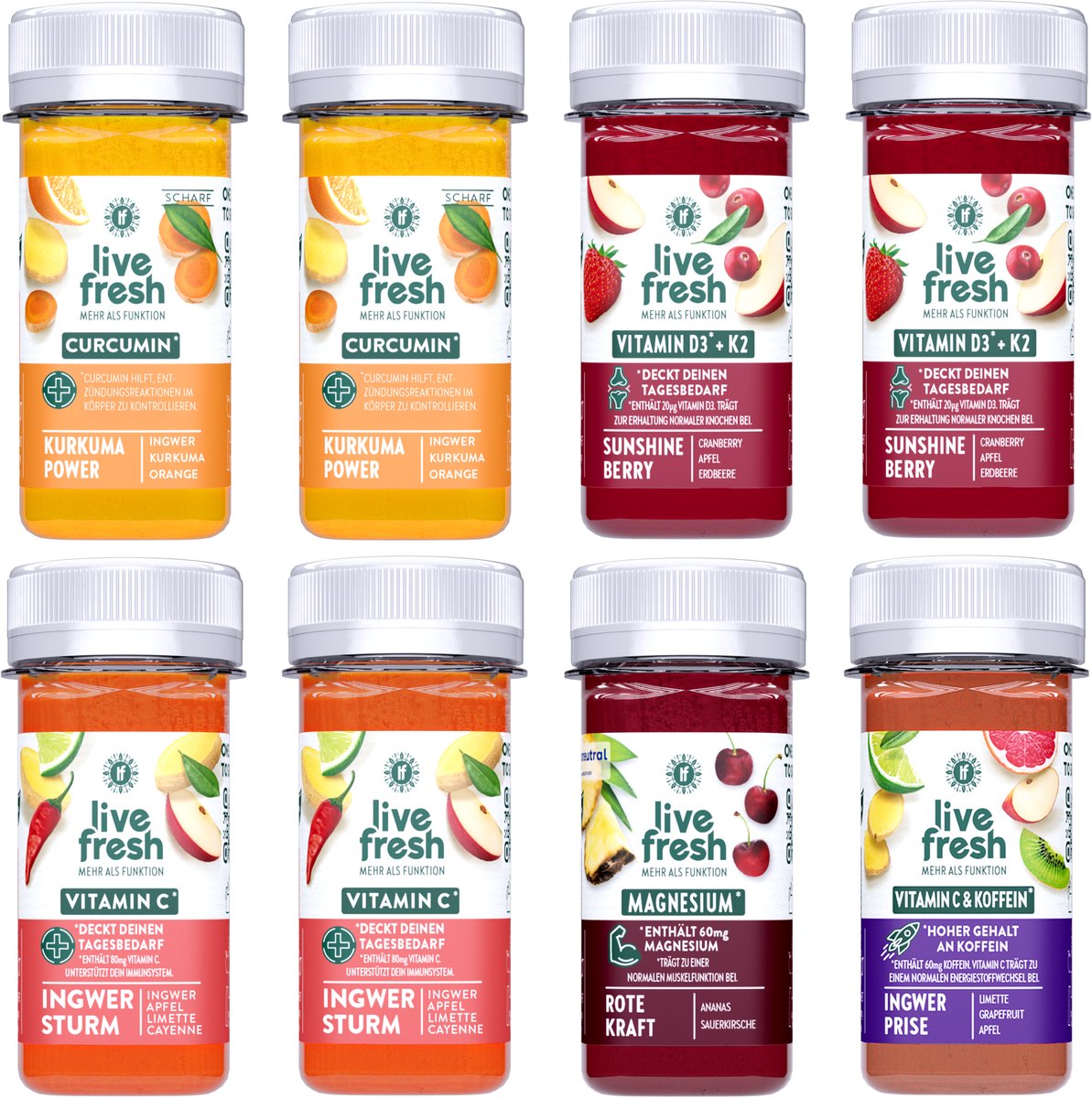 LiveFresh gembershots proeverij – 16 shots (60 ml) met vitaminen – koudgeperst uit fruit en groenten – vruchtensappen zonder suiker en toevoegingen