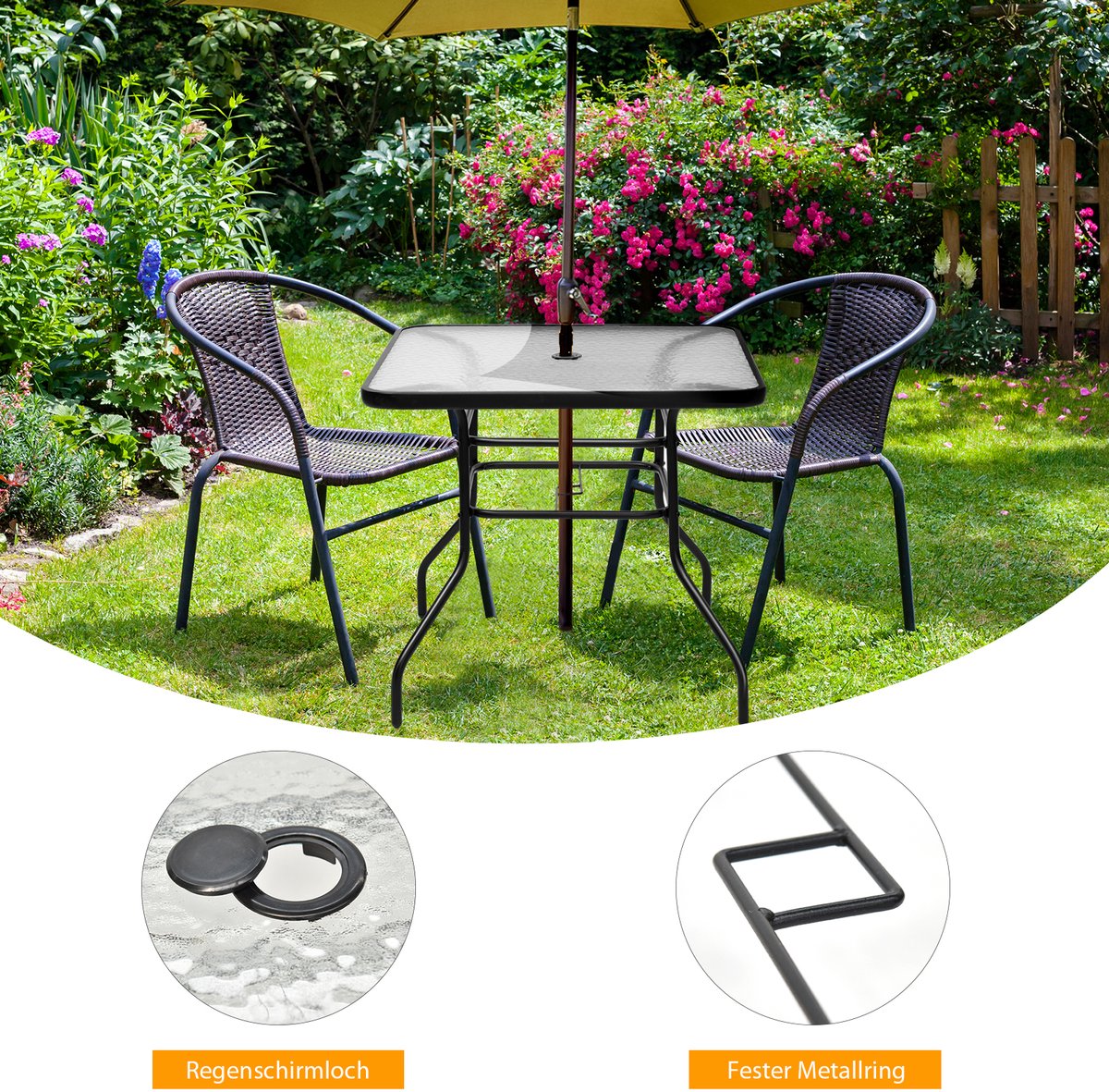 COSTWAY 80 cm Tuintafel, Rechthoekige metalen koffie/theetafel met gehard glazen blad en paraplugat, moderne klassieke stijl past bij elk decor, Buiten eettafel voor Patio, Tuin, Balkon, Achtertuin thumbnail 2