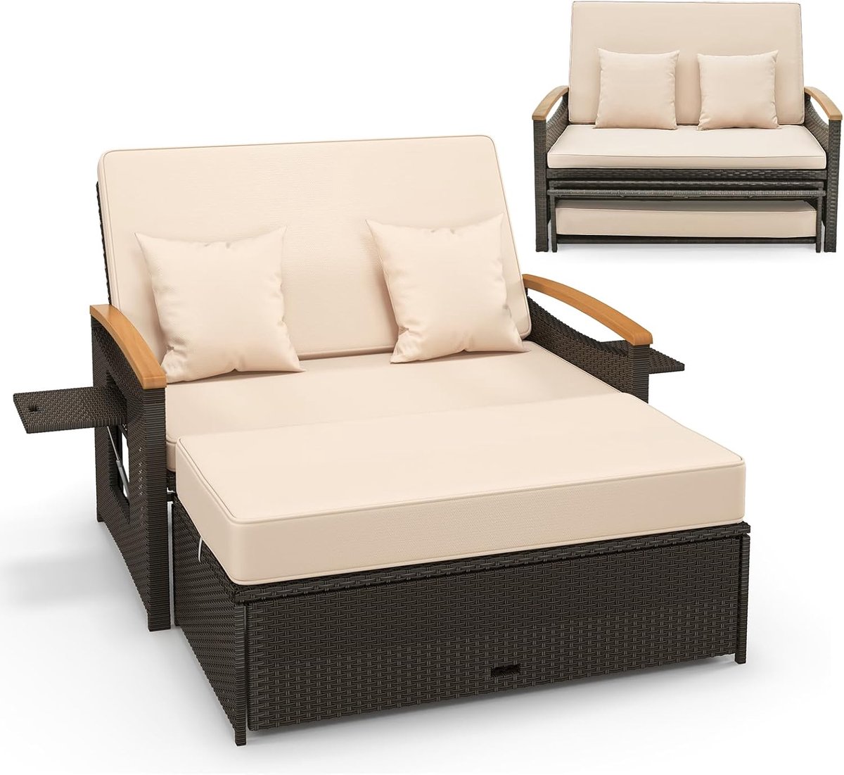 COSTWAY 3-in-1 polyrotan zonnestoel, tuinligstoel met verstelbare rugleuning en uitklapbaar zijplateau, loungebed, dubbel bed met kussen, tuinbank met kruk voor tuin, terras