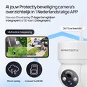 Wit Protectly beveiligingscamera met 4 schermen van live toezicht op een telefoon. Cloud-opslag en 64GB SD-kaart icoontjes.