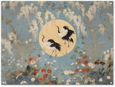 Affiche de jardin 120x90 cm - Décoration de jardin Grues - Lune - Fleurs - Blauw - Affiche pour le jardin - Décoration extérieure - Tableau de jardin clôture - Décoration murale sur toile de jardin - Décoration murale sur toile de balcon