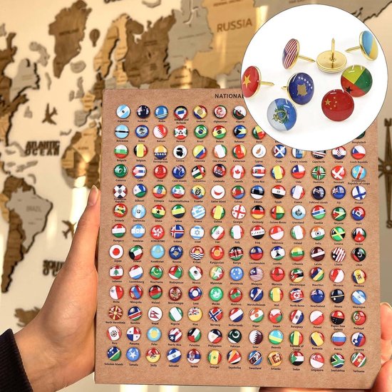 200 stuks punaises met landvlag, punaises met nationale vlag, verpakt in decoratieve doos, veelzijdig inzetbaar, van licht, duurzaam roestvrij staal, voor kantoor