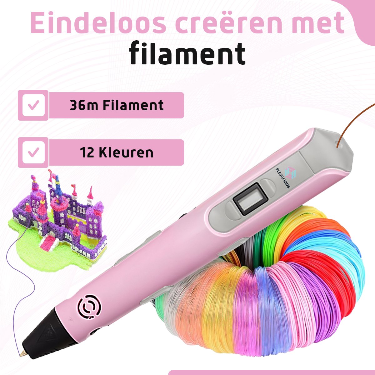 Fleau Kids 3D Pen Starterspakket Roze L - 36m Filament - 12 Kleuren Vullingen - PRO 2025 USB-C model + Vele Extra's - Knutselen en Tekenen - 3D Printen - Tekenset — afbeelding 10