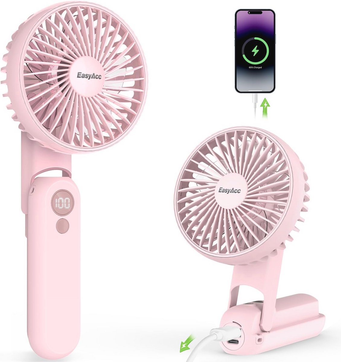 Draagbare ventilator met USB-C, oplaadbaar en LED-display - 5000 mAh, 5 snelheden en zaklamp