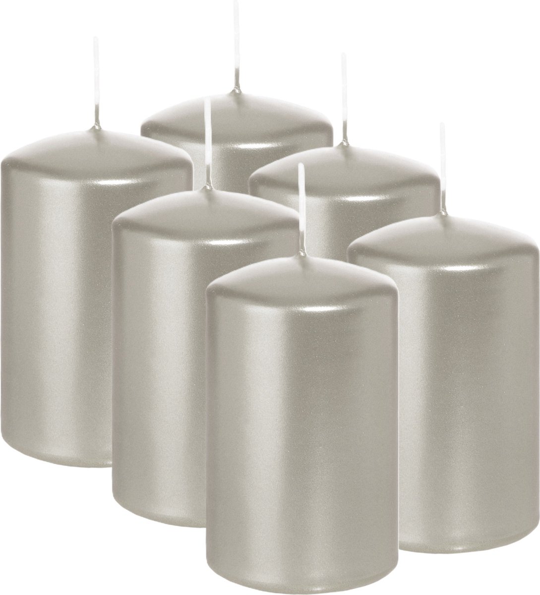 Wiedemann Cilinderkaars/stompkaars - 6x - metallic zilver - 6 x 8 cm - 29 branduren - zuilkaarsen
