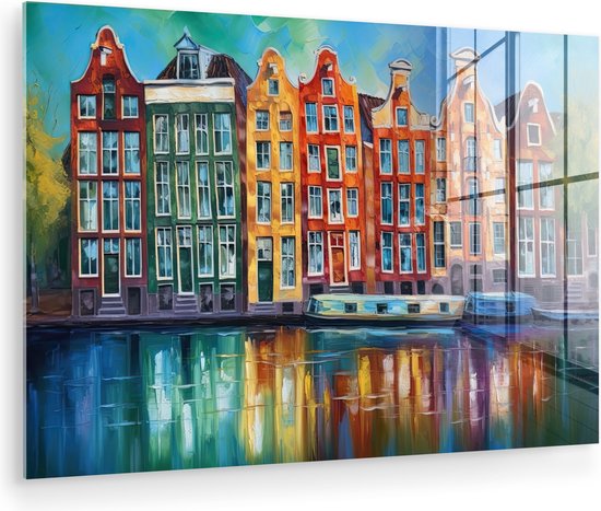 MuchoWow® Peinture sur Verre - Amsterdam - Peinture à l'Huile - Canal - Peinture - Art - 120x80 cm - Peintures sur Verre Acrylique - Photo sur Glas
