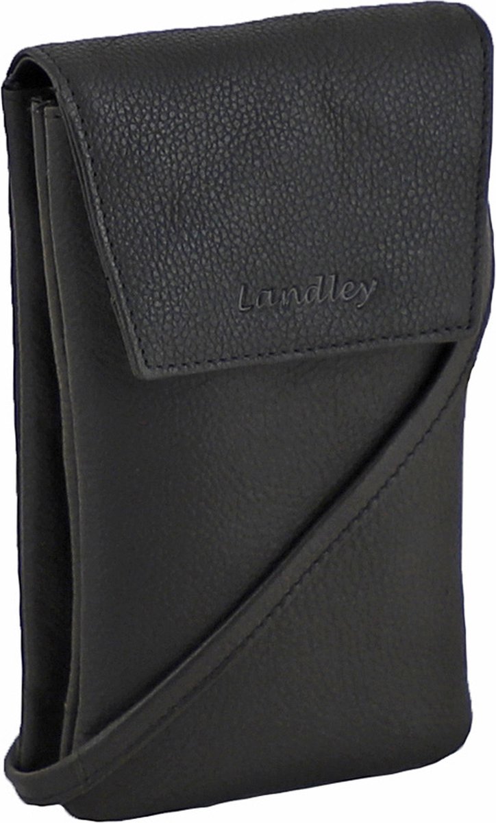 Landley Leren Dames Telefoontasje - Klein Schoudertasje - Phone Wallet - Antique Vintage Leer - Zwart