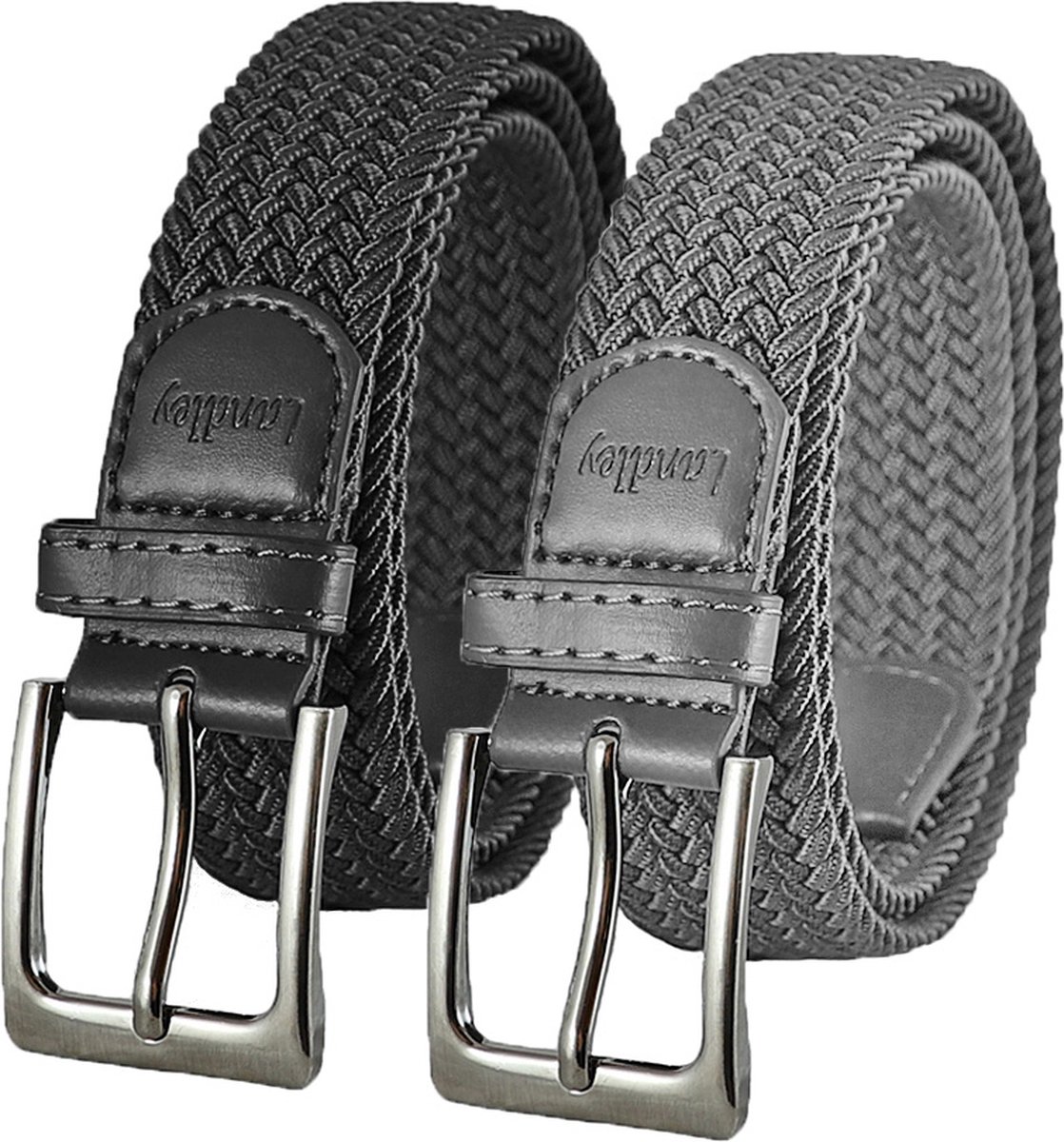 Landley Elastische Gevlochten Stretch Riemen Duopack - Voordeelset met 2 riemen - Dames en Heren - Zwart en Grijs - Lengte totaal 120 cm / Riemmaat 105