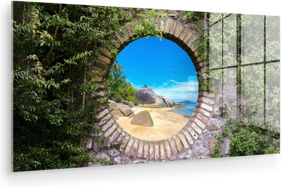 MuchoWow® Glasschilderij 160x80 cm - Schilderij acrylglas - Zomer - Strand - Doorkijk - Tropical - Foto op glas - Muurdecoratie woonkamer - Wanddecoratie slaapkamer - Schilderijen
