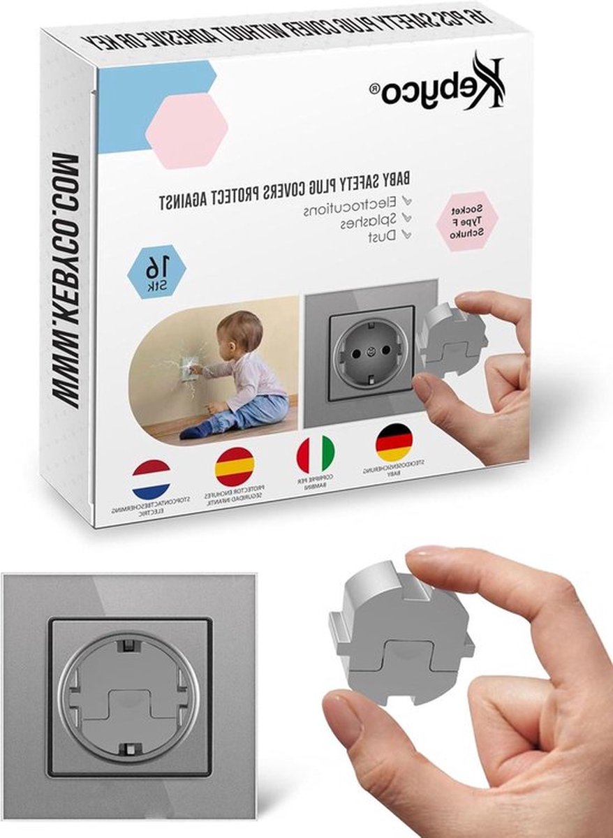 Stopcontact beveiliging - Babystekkerafdekking Type F DISCRET - 16 stuks - Bescherming tegen stof en spatten - Grijs stopcontact beveiliging