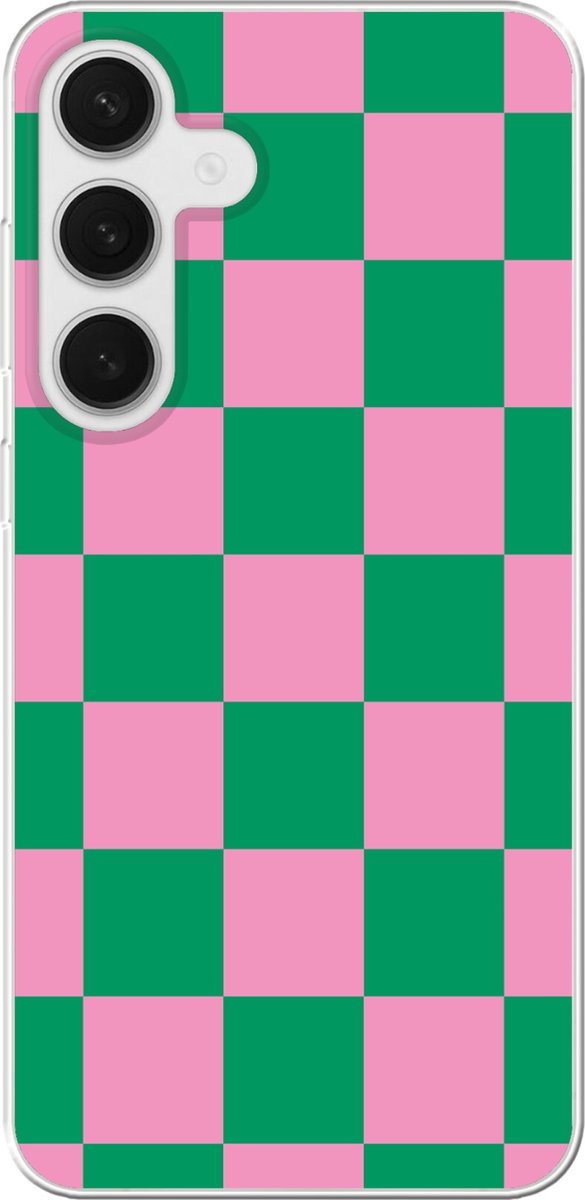 Telefoonhoesje Geschikt voor Samsung Galaxy S25 Plus hoesje - Schaakbord patroon - Groen - Roze - Blokjes - Siliconen Telefoonhoesje Telefoonhoesje