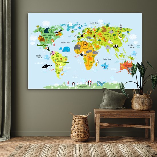 Décoration murale Métal - Aluminium - Wereldkaart - Enfants - Animaux - Nature - 180x120 cm