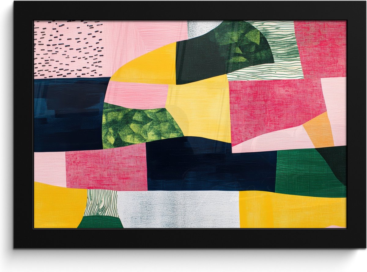 FrameYourWall Poster in lijst - Fotolijst 30x20 cm - Posters - Abstract - Roze - Lappen - Vormen - Geel - Posterlijst zwart - Decoratie - Wanddecoratie woonkamer - Muurdecoratie slaapkamer