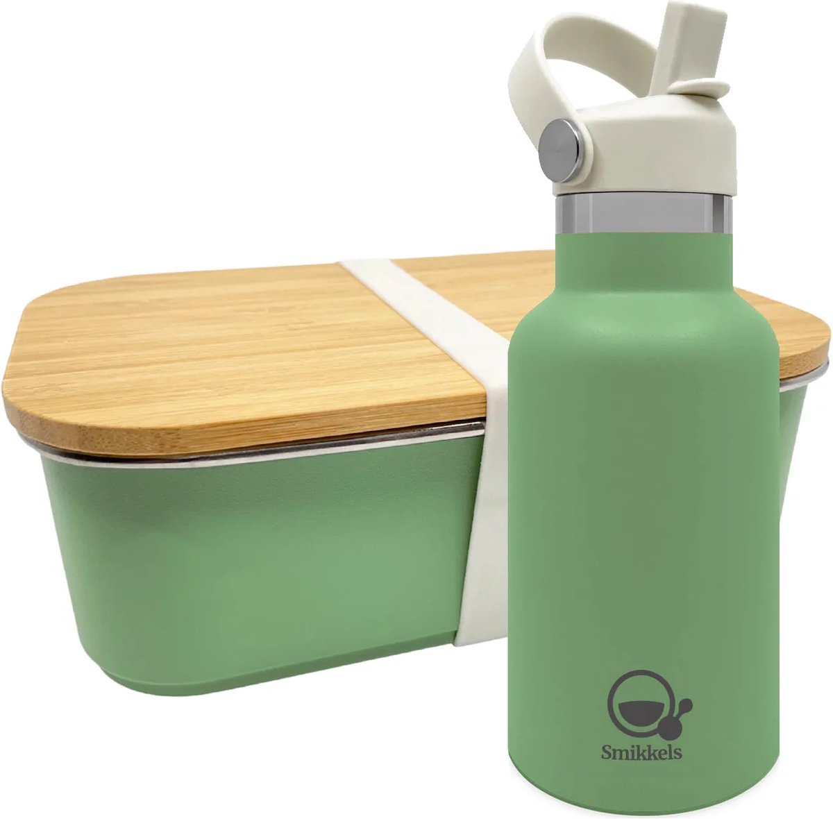 Smikkels - Lunchset RVS lunchbox met thermos drinkfles - Groen - Schoolset kinderen - Thermosfles met vernieuwde rietjesdop - broodtrommel