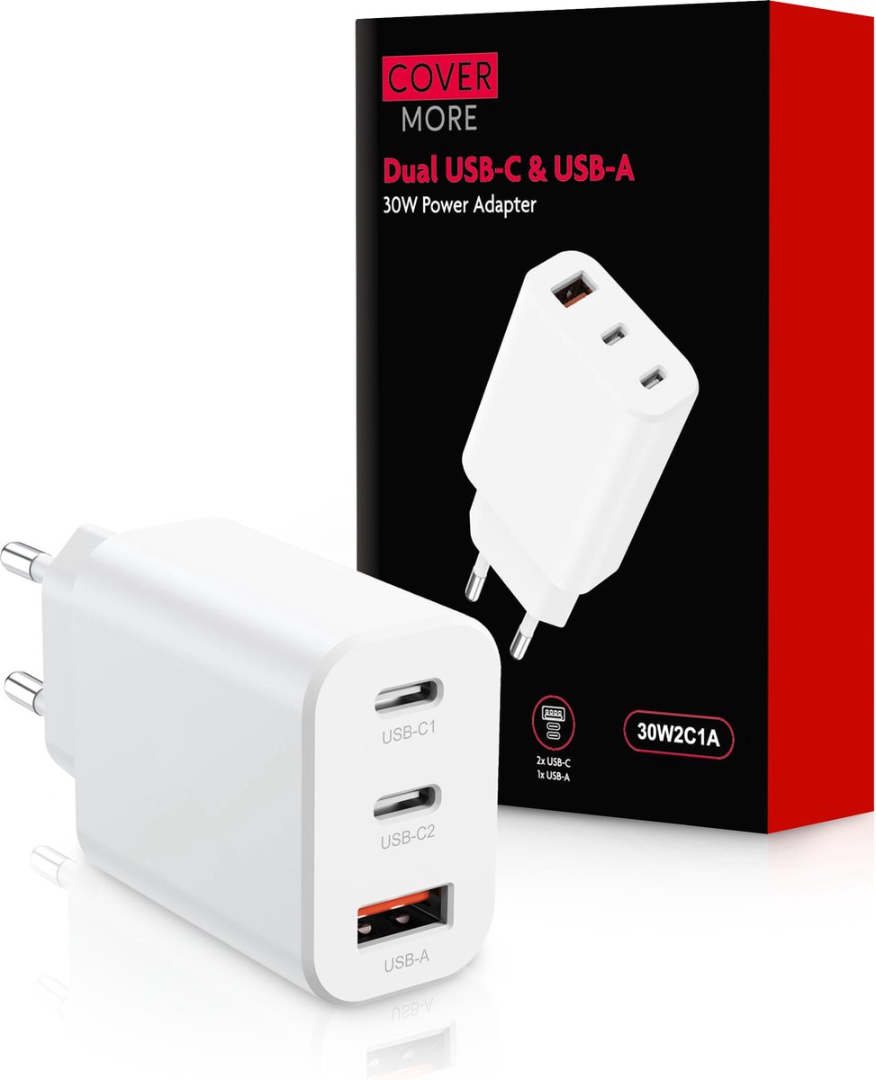 USB C Adapter 30W - 3 Poorten - Snellader - Geschikt voor iPhone, Samsung en Meer - Wit