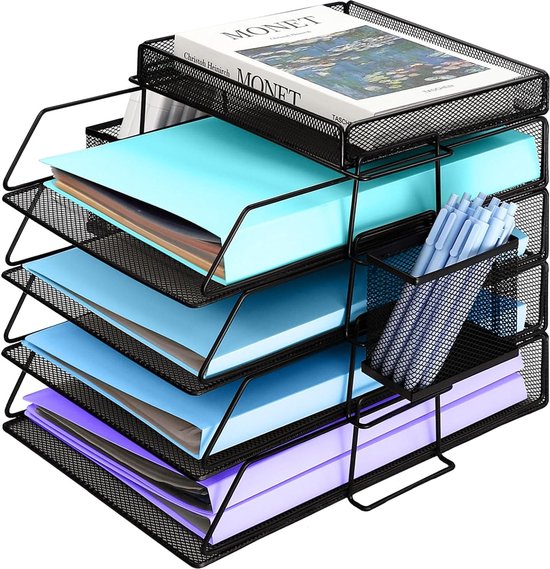 Goodivery ® Brievenbakje voor kantoor, documentenbakje met pennenhouder, 4-vaks bureau-organizer metaal, papierbak gaas, opbergvakken stapelbaar, brievenlade, bureau-organizer, papieropbergvak