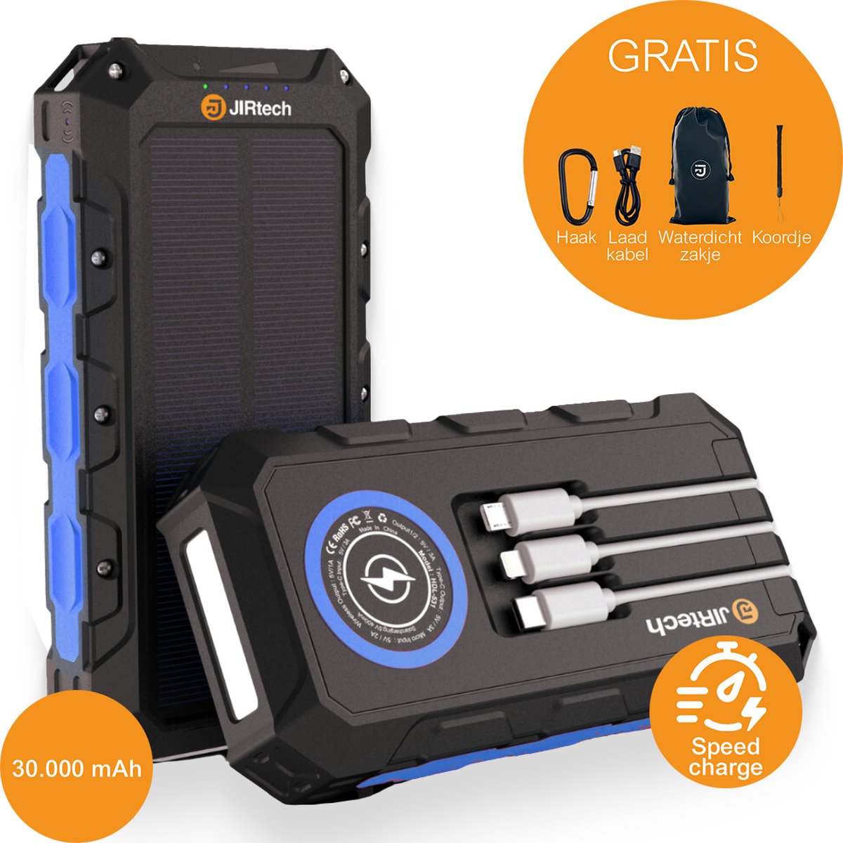 JIR Solar Powerbank 30.000 mAh met Ingebouwde Kabels - JIR - €59,95