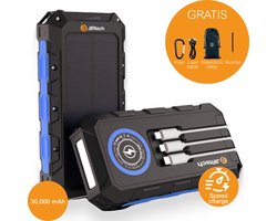 JIR Tech® - Solar Powerbank 30 000 mAh - Ingebouwde kabels - Solar Charger - Powerbank Zonneenergie - Draadloos opladen - Wireless charger - Snellaadfunctie - Snel Laden - Blauw - Usb C - Noodpakket - Zaklamp - Meerdere Apparaten