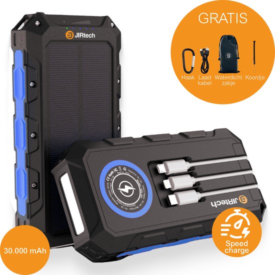 JIR Solar Powerbank 30.000 mAh met Ingebouwde Kabels - JIR - €59,95
