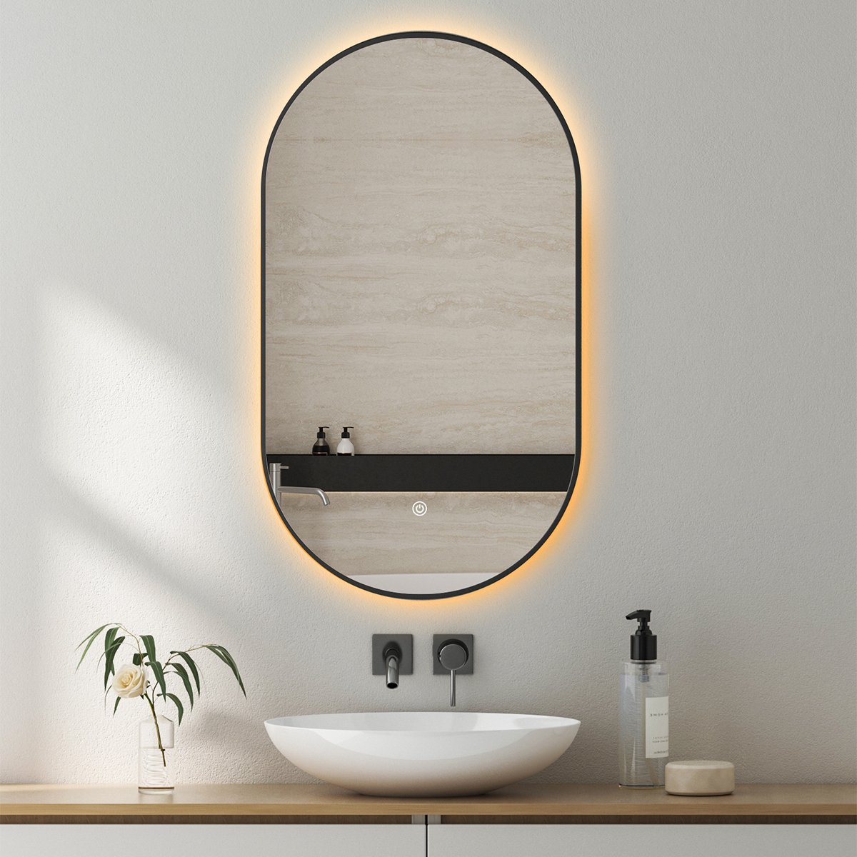 Badkamerspiegel met LED Verlichting en Verwarming 40x75cm - Afimona Ellips - Zwart - Wandspiegel Ovaal - Touch Bediening - Dimbaar - Aanpasbare Lichtkleur