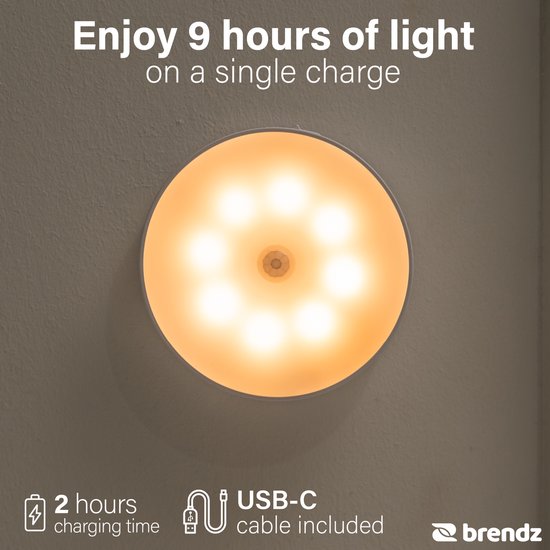 Éclairage d'armoire ronde à LED Brendz avec détecteur de mouvement, rechargeable par USB-C, magnétique, 4 pièces, blanc chaud 3000 K, éclairage d'escalier sans fil, veilleuse