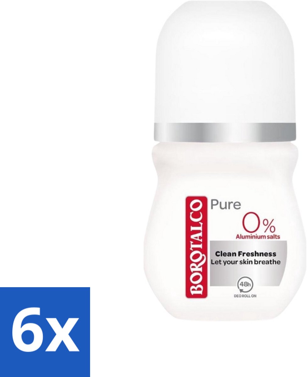 Borotalco - Deodorant Roller - Pure - Clean Freshness - 0% Aluminium Salts - 50 ml - Voordeelverpakking - 6 stuks
