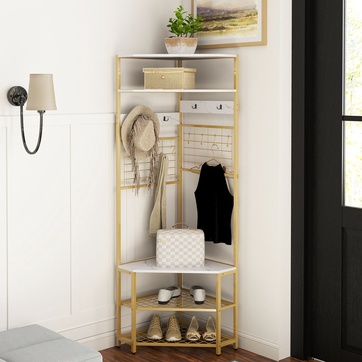 COSTWAY 180 cm kapstok hoek, 3-in-1 kledingrek & zitbank & schoenenrek, incl. 12 haken, opbergrek, garderobe voor hal, woonkamer, slaapkamer – foto 5
