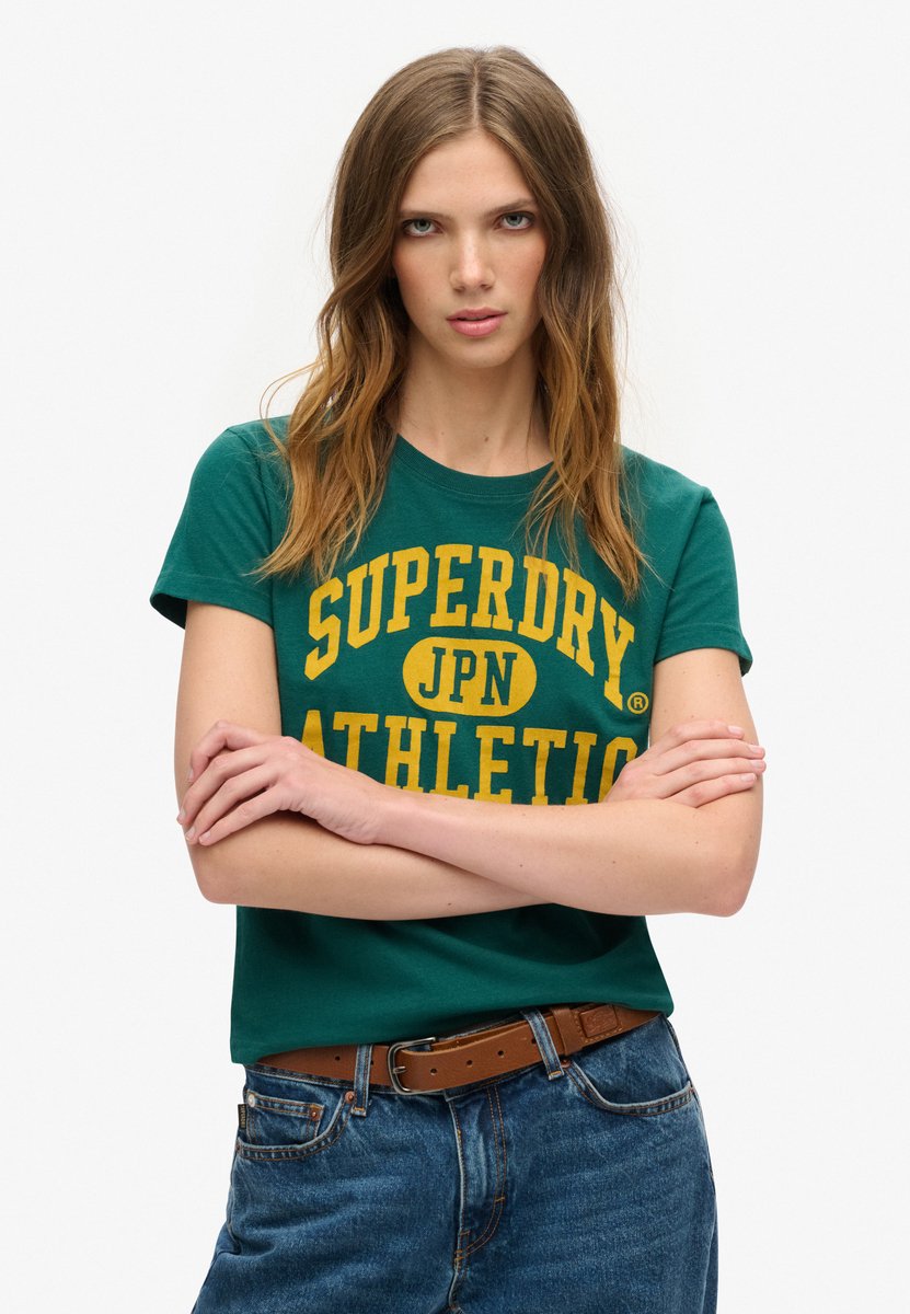 Superdry Varsity T-shirt met flockprint en aansluitende pasvorm Dames T-shirts Groen