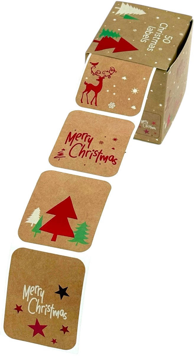 Kerst Naamstickers - Doosje met 50 stickers - 5 x 4 cm - Bruin Met Rode Foliedruk