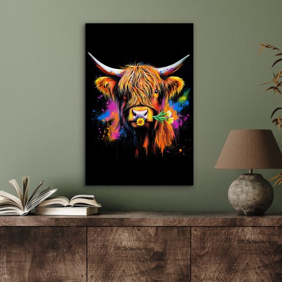 Aluminium schilderij 40x60 cm - Wanddecoratie metaal - Schotse Hooglander - Graffiti - Kleurrijk - Bloem - Dieren - Metalen muurdecoratie woonkamer - Decoratie industrieel - Foto op dibond - Industriële accessoires slaapkamer