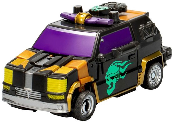 Zwarte speelgoedauto met gouden en paarse accenten, groene schedel aan de zijkant en zwaailichten.